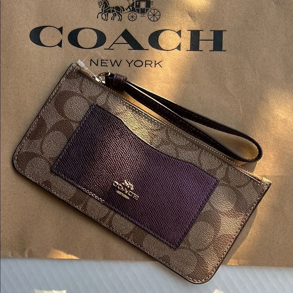 Coach Signature Zip Top Brown and Purple Wristlet